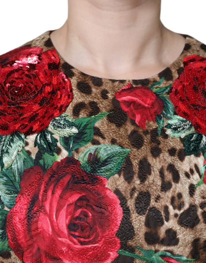 Dolce & Gabbana Brown Leopard Red Roses Cotton A-line Dress - IT42|M