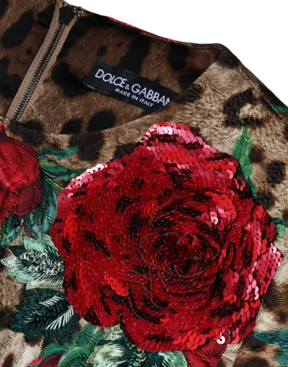 Dolce & Gabbana Brown Leopard Red Roses Cotton A-line Dress - IT42|M