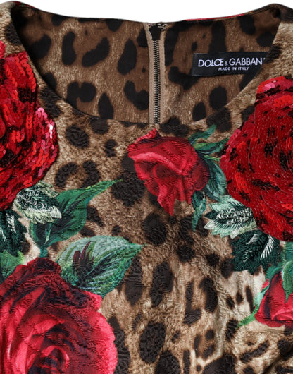 Dolce & Gabbana Brown Leopard Red Roses Cotton A-line Dress - IT42|M