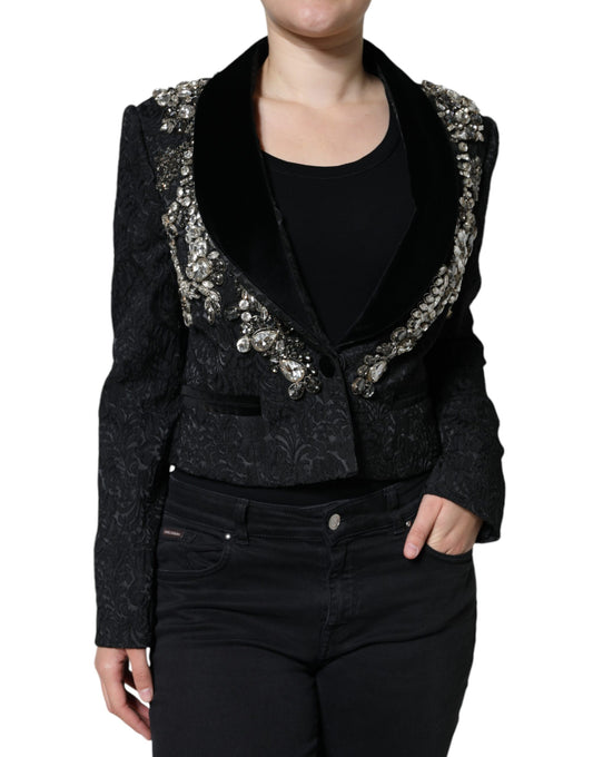 Dolce & Gabbana Black Jacquard Crystal Floral Jacket Blazer - IT44 | L