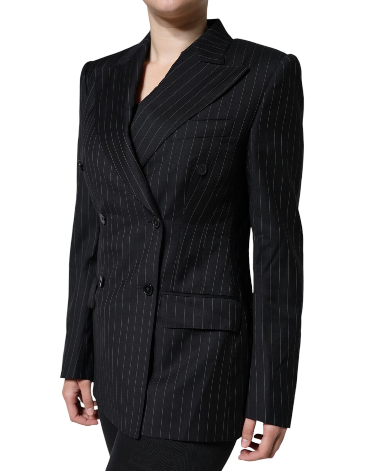 Dolce & Gabbana Black Striped Double Breasted Coat Jacket - IT44 | L