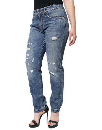 Dolce & Gabbana Blue Cotton Tattered Boyfriend Denim Jeans - IT42|M