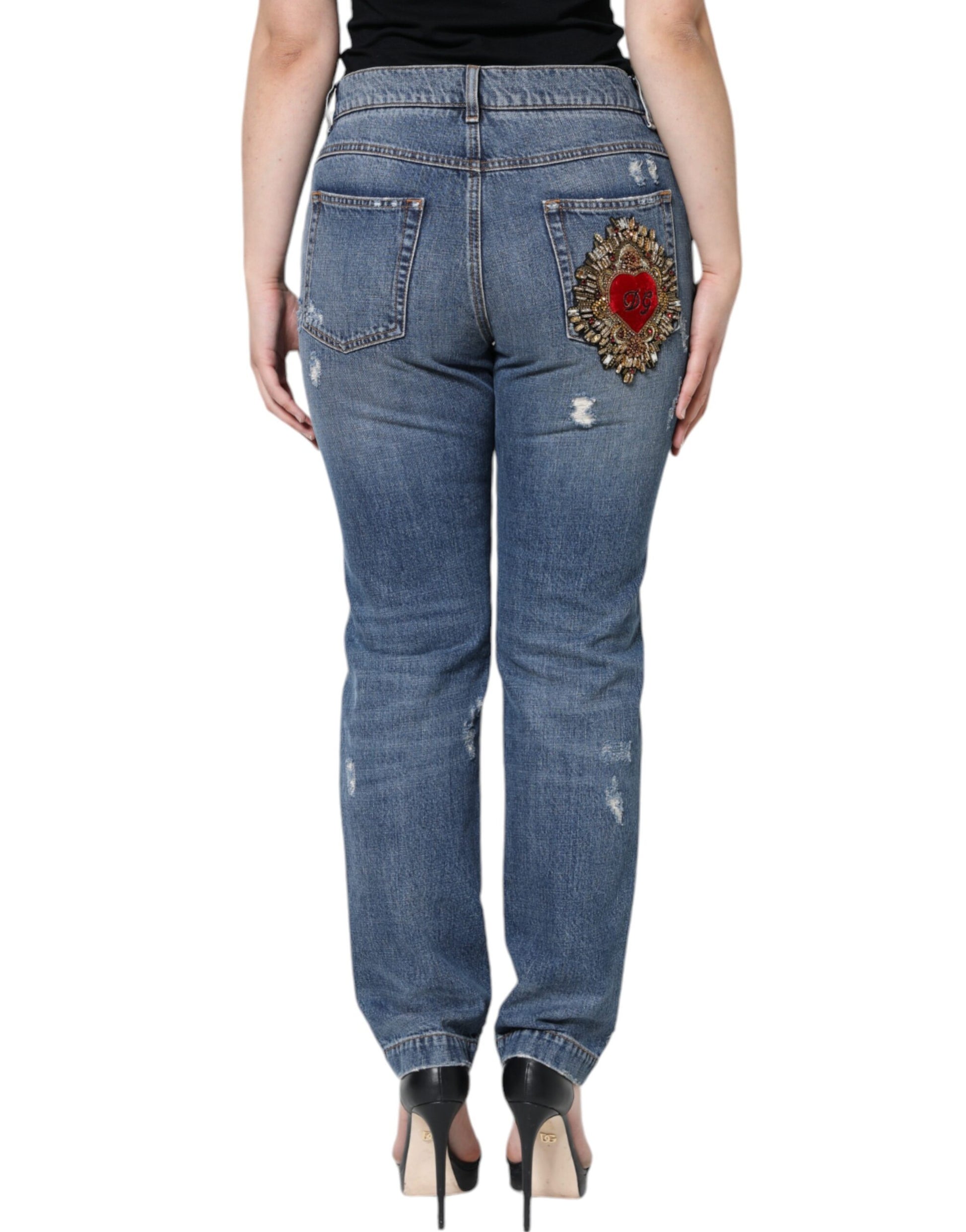 Dolce & Gabbana Blue Cotton Tattered Boyfriend Denim Jeans - IT42|M