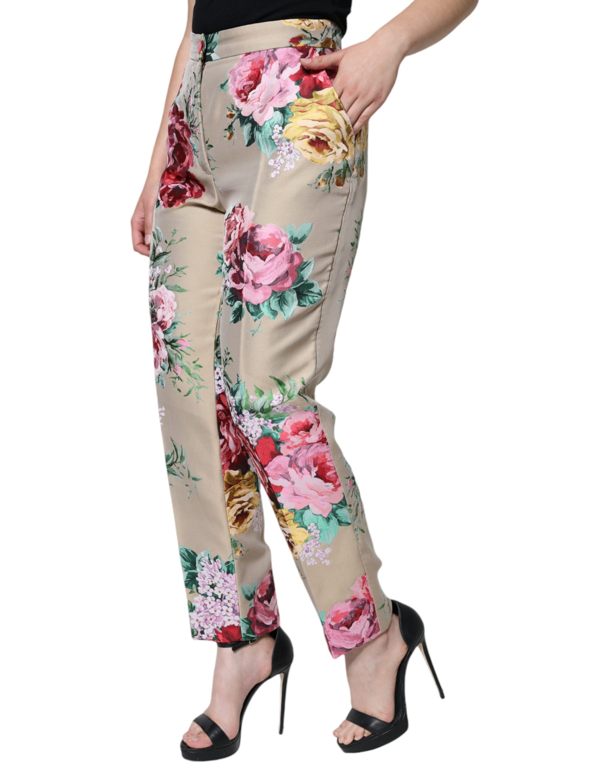 Dolce & Gabbana Beige Floral Jacquard High Waist Tapered Pants - IT46|XL