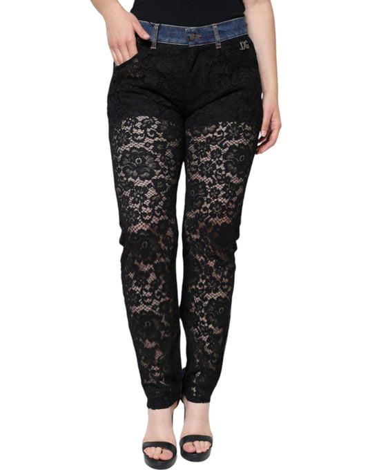 Dolce & Gabbana Black Floral Lace Front Skinny Denim Jeans - IT44 | L