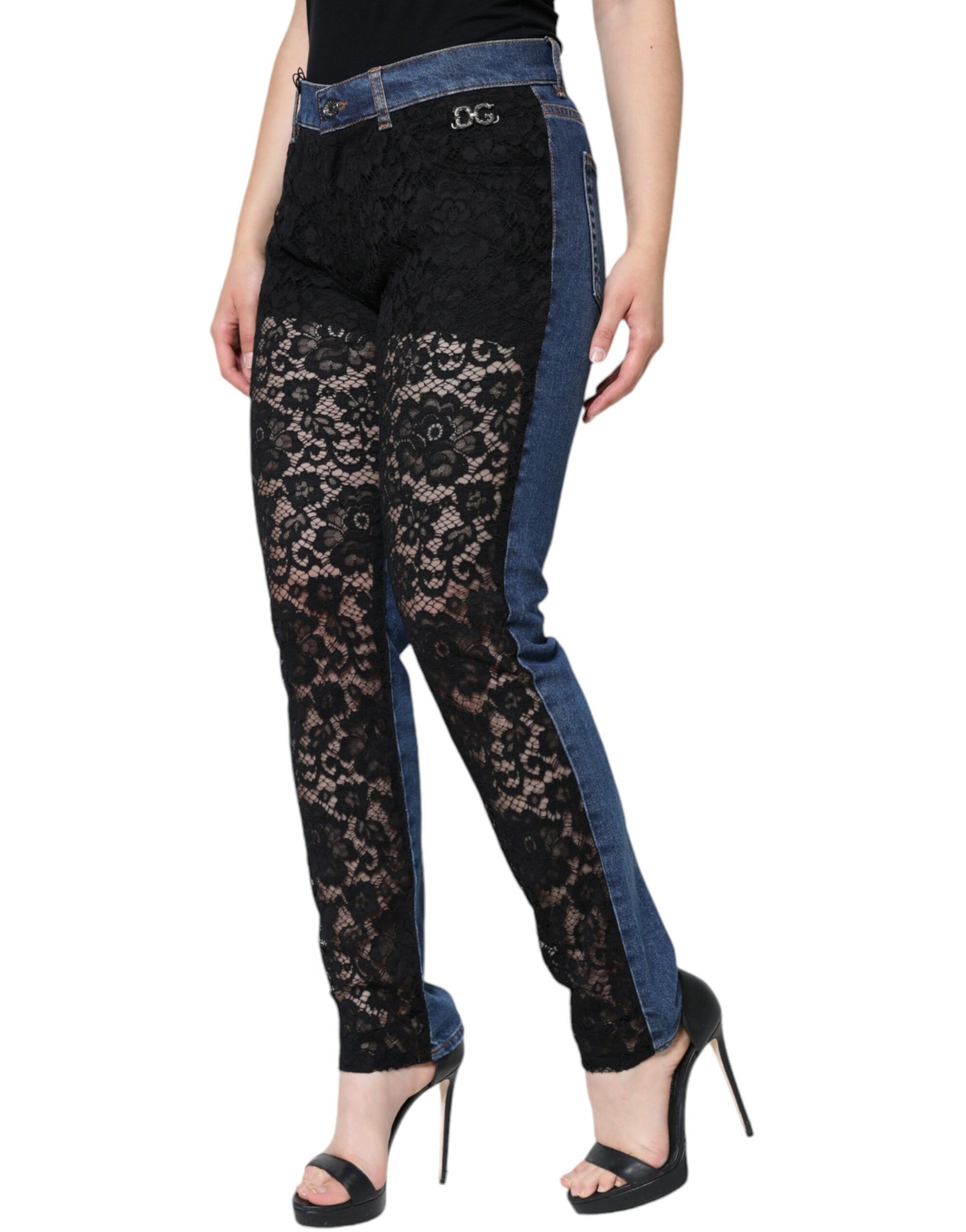 Dolce & Gabbana Black Floral Lace Front Skinny Denim Jeans - IT44 | L