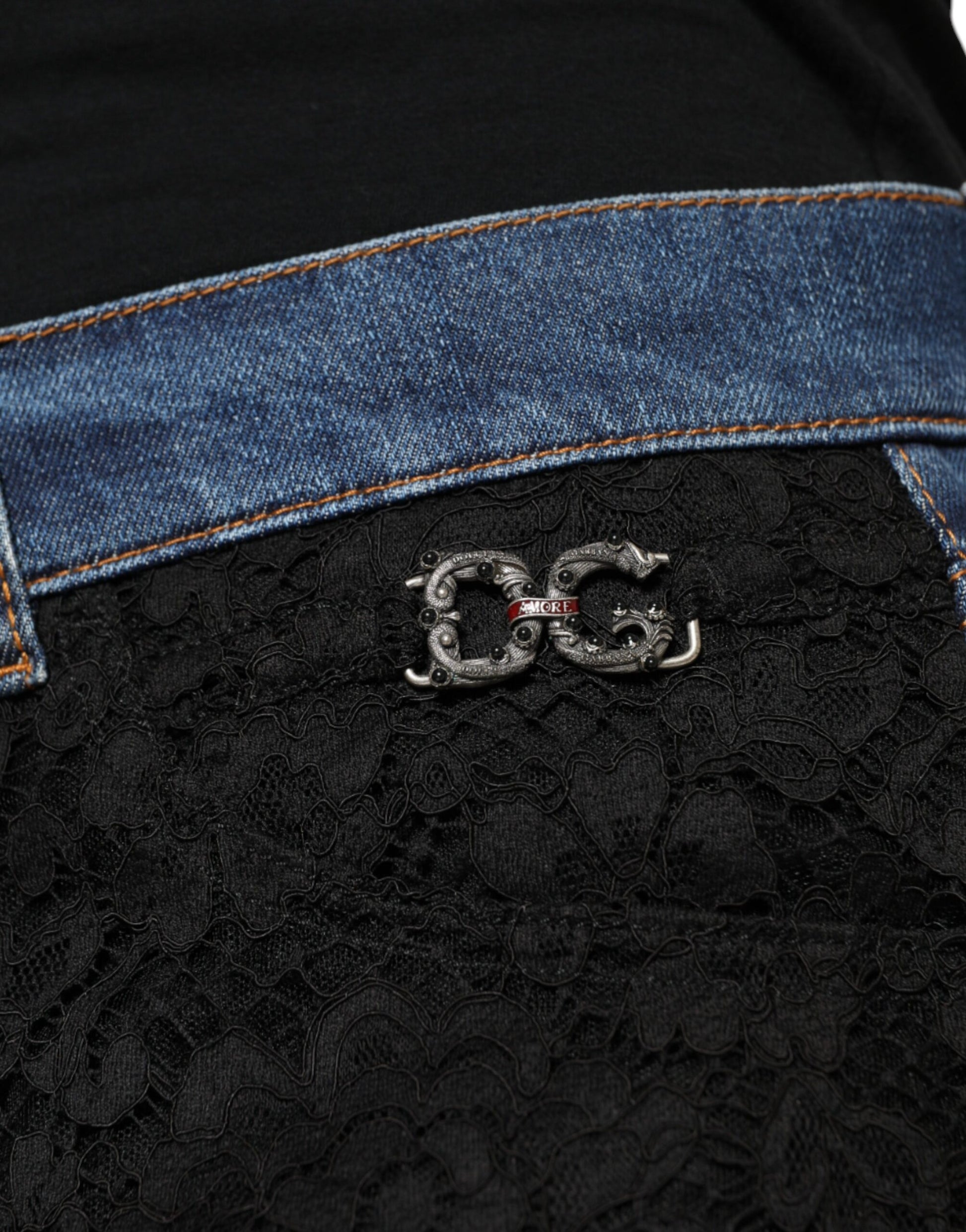 Dolce & Gabbana Black Floral Lace Front Skinny Denim Jeans - IT44 | L