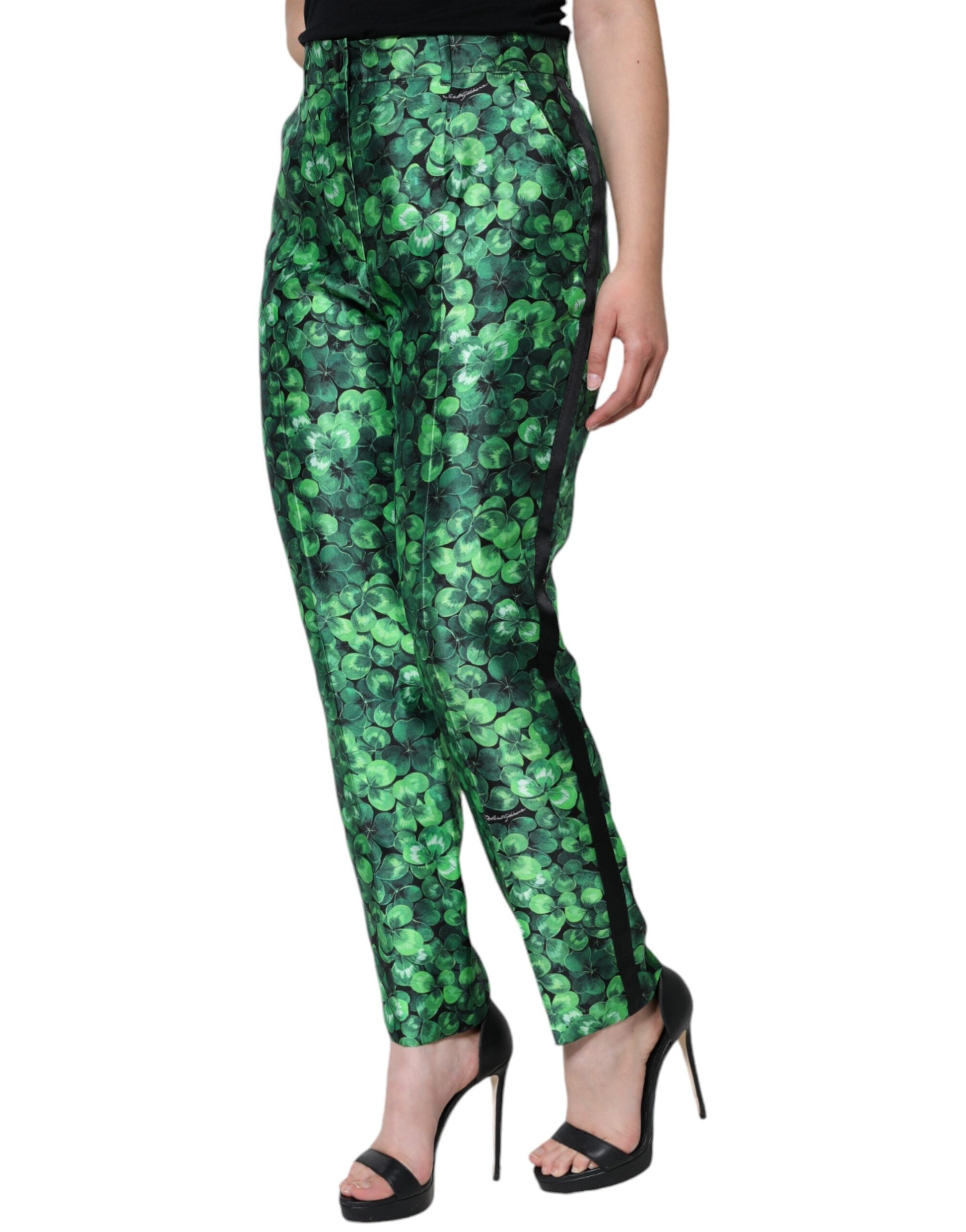 Dolce & Gabbana Green Clover Silk Satin High Waist Tapered Pants - IT44 | L