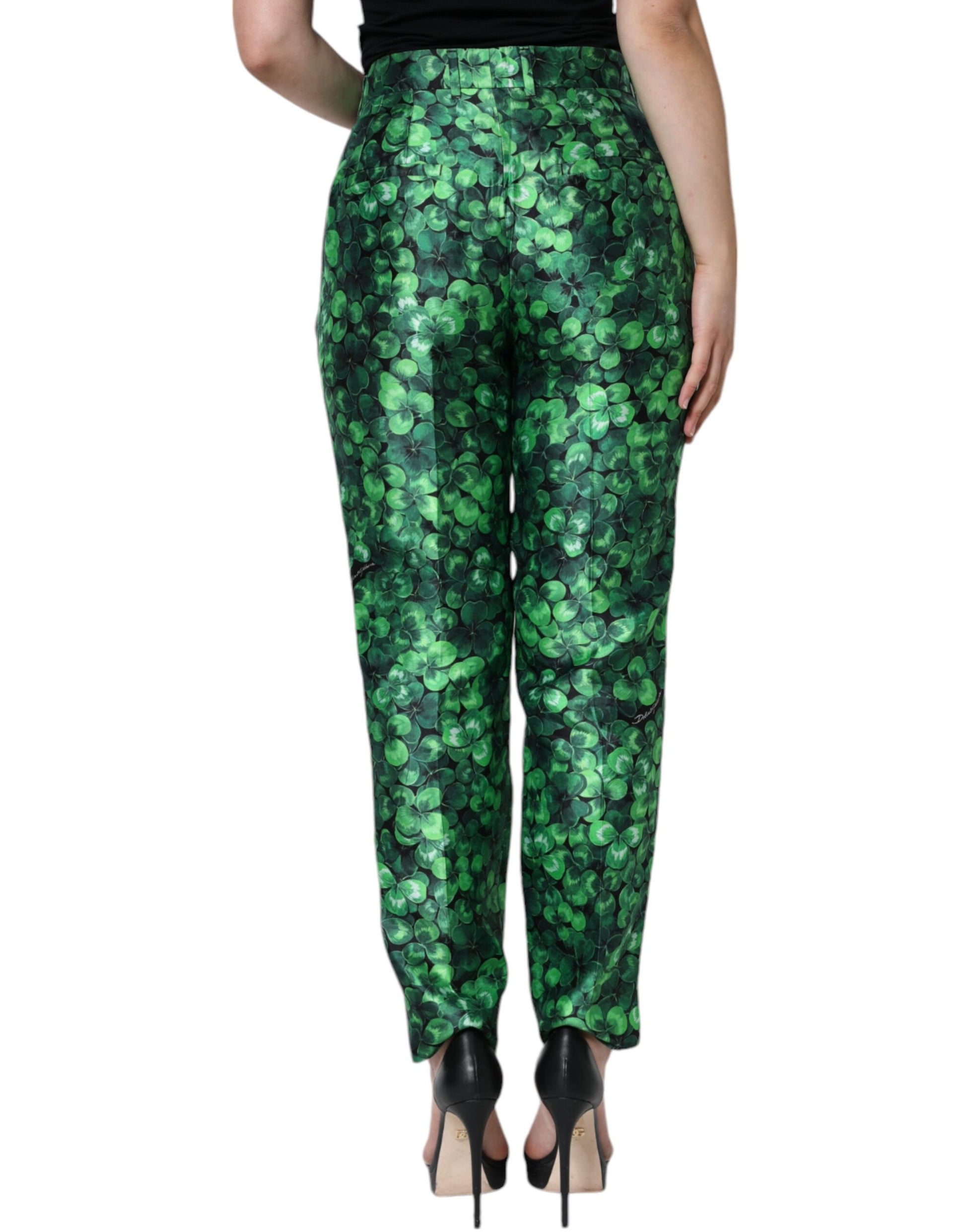 Dolce & Gabbana Green Clover Silk Satin High Waist Tapered Pants - IT44 | L