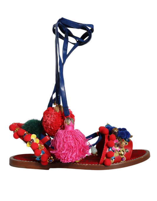 Dolce & Gabbana Multicolor Pom Pom Fur Wrap Sandals Shoes - EU38/US8