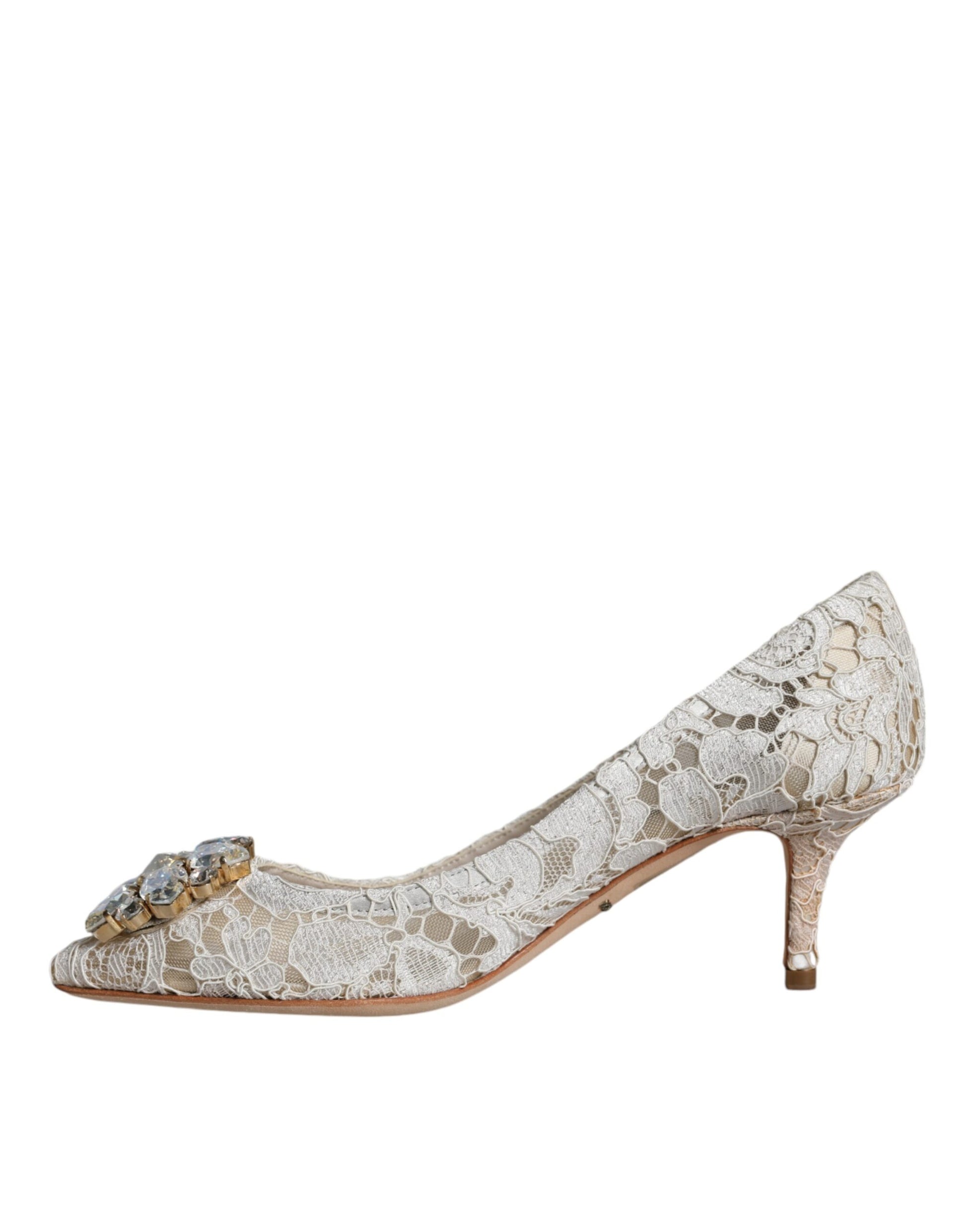 Dolce & Gabbana White Taormina Lace Crystal Heel Pumps Shoes - EU35.5/US5.5