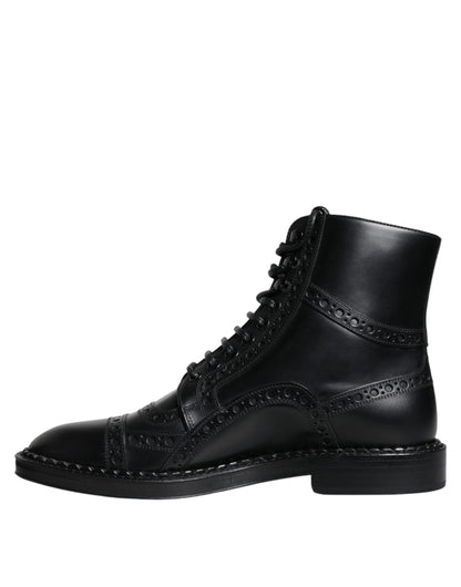 Dolce & Gabbana Black Leather Lace Up Mid Calf Boots Shoes - EU39/US6