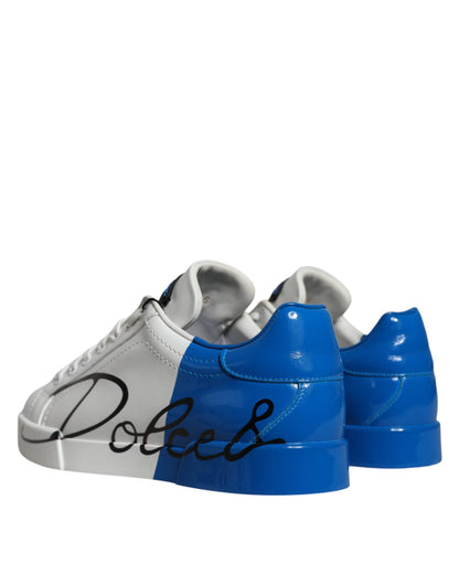 Dolce & Gabbana White Blue Leather Logo Low Top Sneakers Shoes - EU42/US9