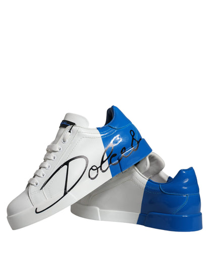 Dolce & Gabbana White Blue Leather Logo Low Top Sneakers Shoes - EU42/US9