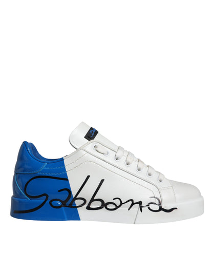 Dolce & Gabbana White Blue Leather Logo Low Top Sneakers Shoes - EU42/US9