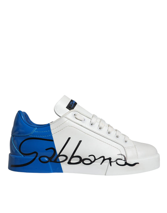 Dolce & Gabbana White Blue Leather Logo Low Top Sneakers Shoes - EU42/US9