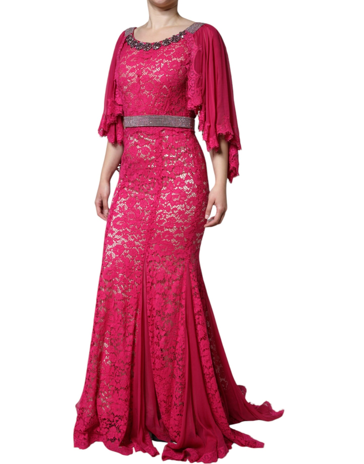 Dolce & Gabbana Pink Lace Crystal Sheath Long Gown Dress