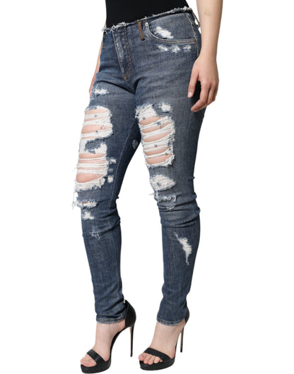 Dolce & Gabbana Blue Cotton Stretch Tattered Skinny Jeans - IT40|S