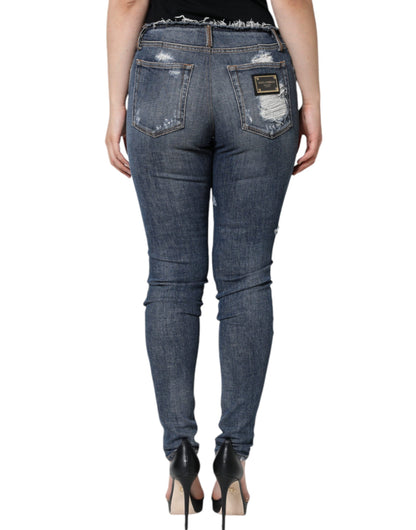 Dolce & Gabbana Blue Cotton Stretch Tattered Skinny Jeans - IT40|S