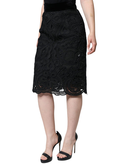 Dolce & Gabbana Black Floral Lace High Waist Pencil Cut Skirt - IT48|XXL