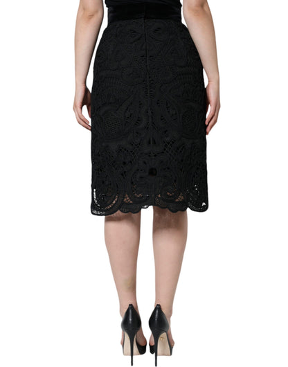 Dolce & Gabbana Black Floral Lace High Waist Pencil Cut Skirt - IT48|XXL