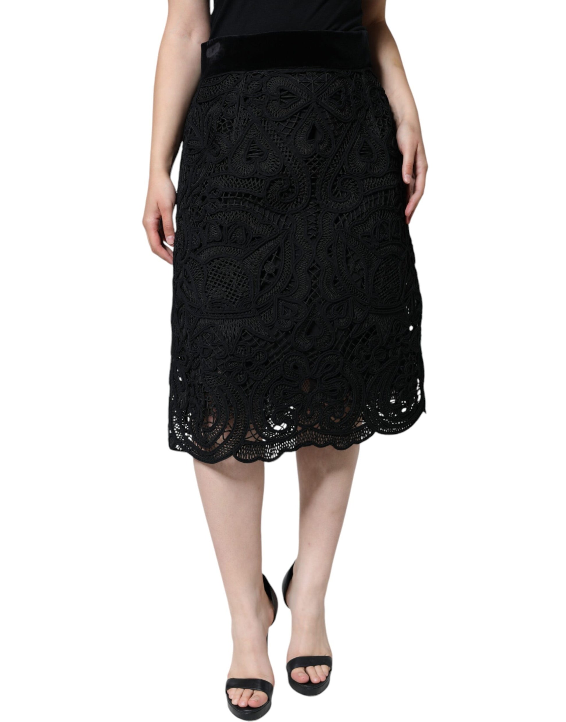 Dolce & Gabbana Black Floral Lace High Waist Pencil Cut Skirt - IT48|XXL