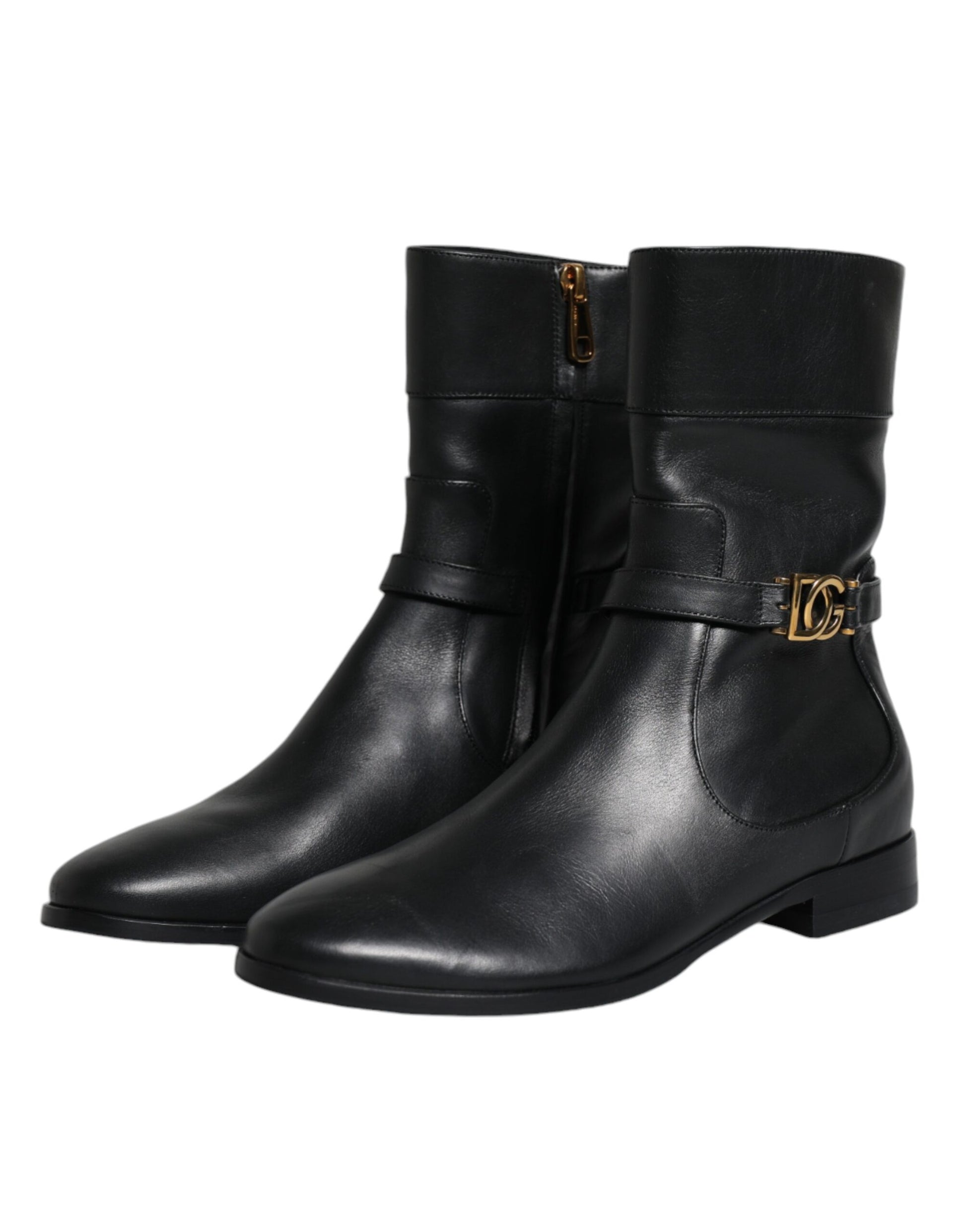 Dolce & Gabbana Black Leather Logo Mid Calf Boots Shoes - EU37.5/US7.5