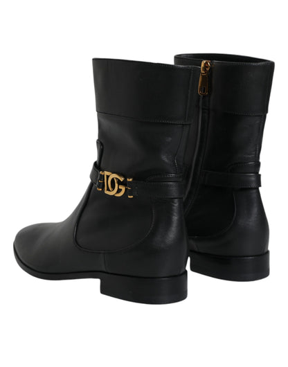 Dolce & Gabbana Black Leather Logo Mid Calf Boots Shoes - EU37.5/US7.5