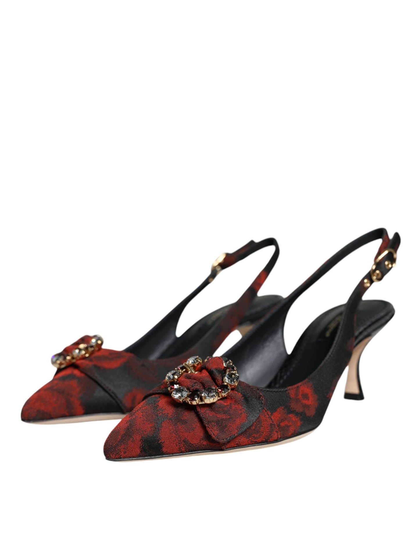 Dolce & Gabbana Black Red Floral Crystal Heel Slingback Shoes - EU36/US6