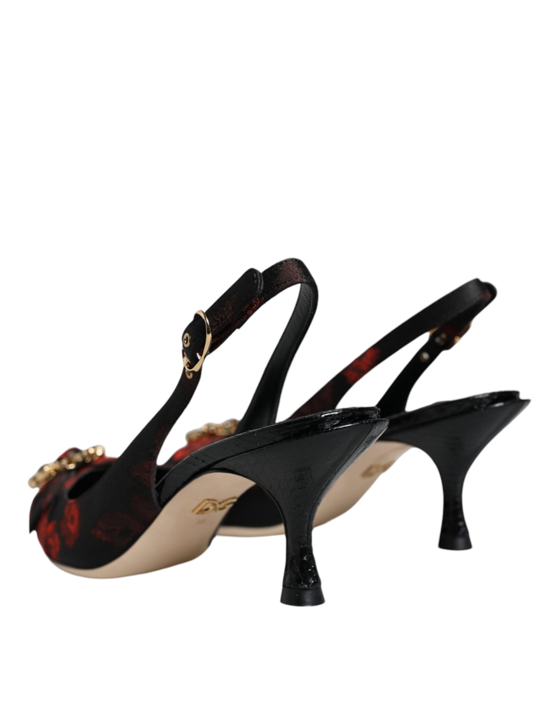 Dolce & Gabbana Black Red Floral Crystal Heel Slingback Shoes - EU36/US6