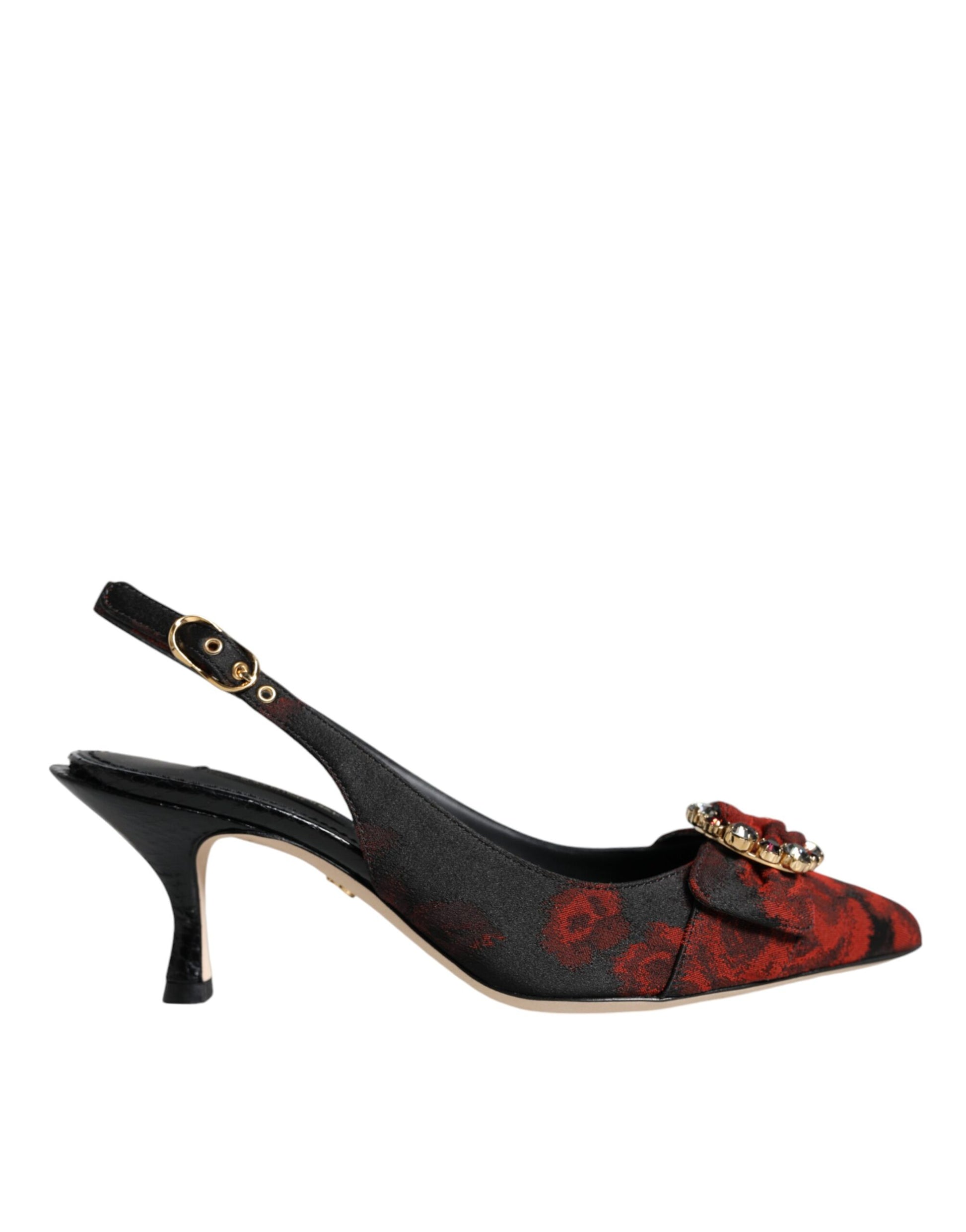 Dolce & Gabbana Black Red Floral Crystal Heel Slingback Shoes - EU36/US6