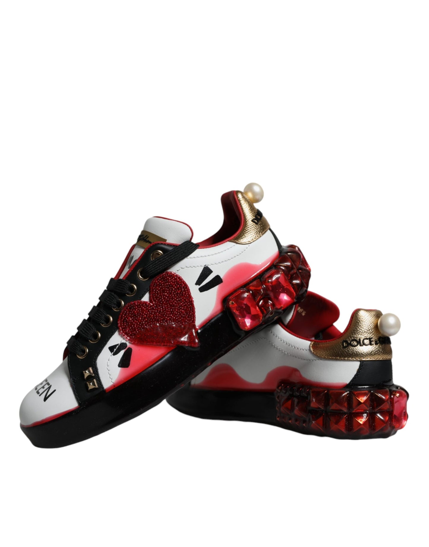 Dolce & Gabbana White Red Crystals Leather Portofino Sneakers Shoes - EU36.5/US6.5