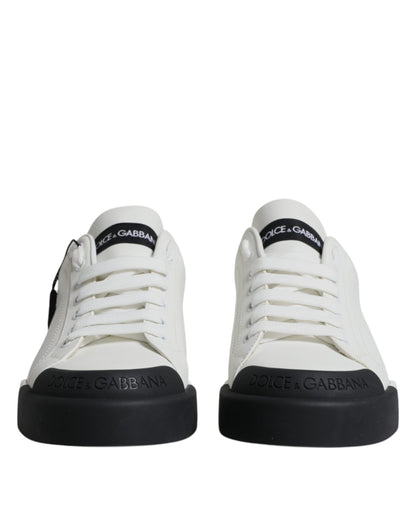 Dolce & Gabbana White Black Leather Logo Portofino Sneaker Shoes - EU47/US14