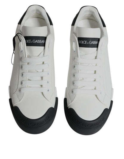 Dolce & Gabbana White Black Leather Logo Portofino Sneaker Shoes - EU47/US14