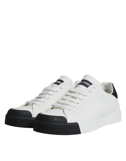 Dolce & Gabbana White Black Leather Logo Portofino Sneaker Shoes - EU47/US14