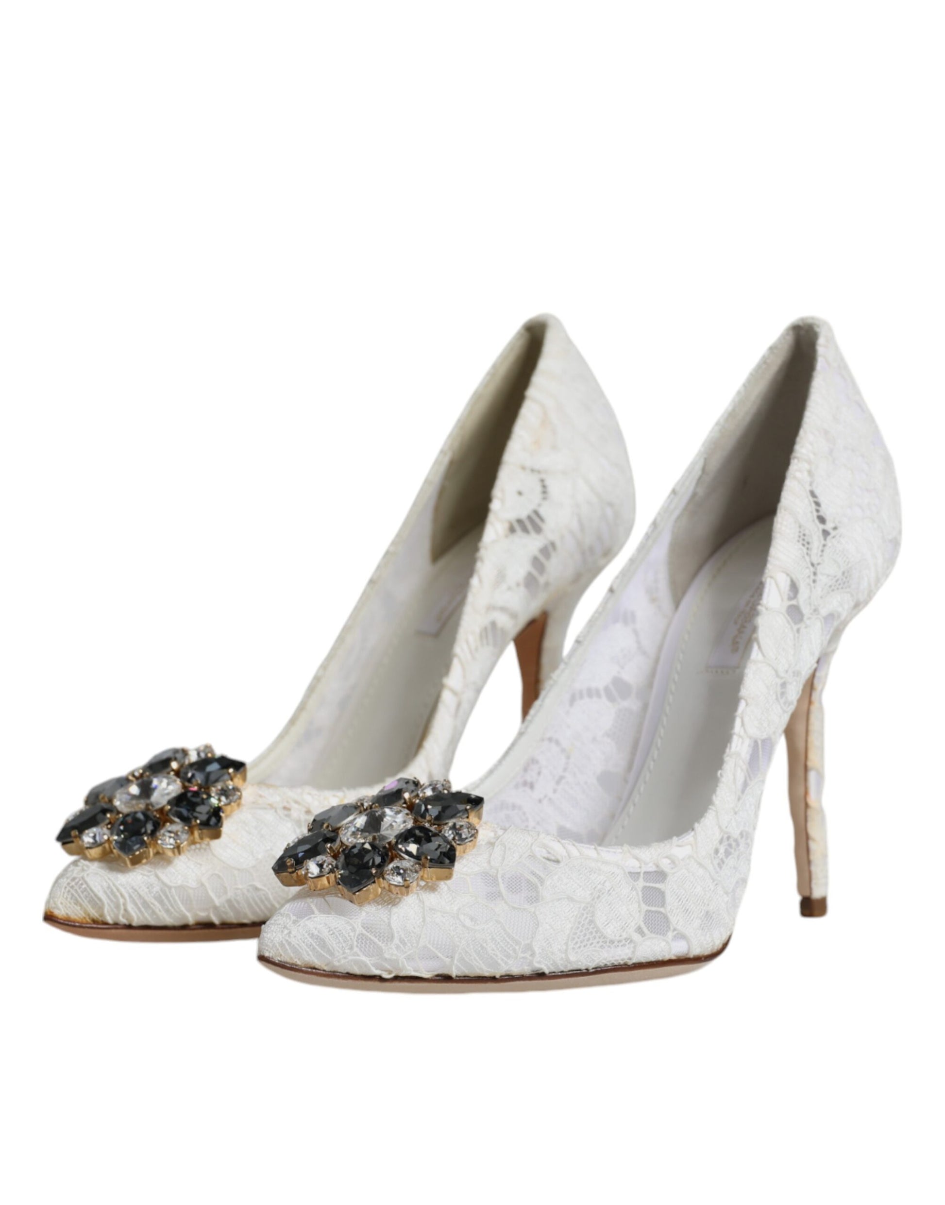 Dolce & Gabbana White Taormina Lace Crystal Heel Pumps Shoes - EU38/US8