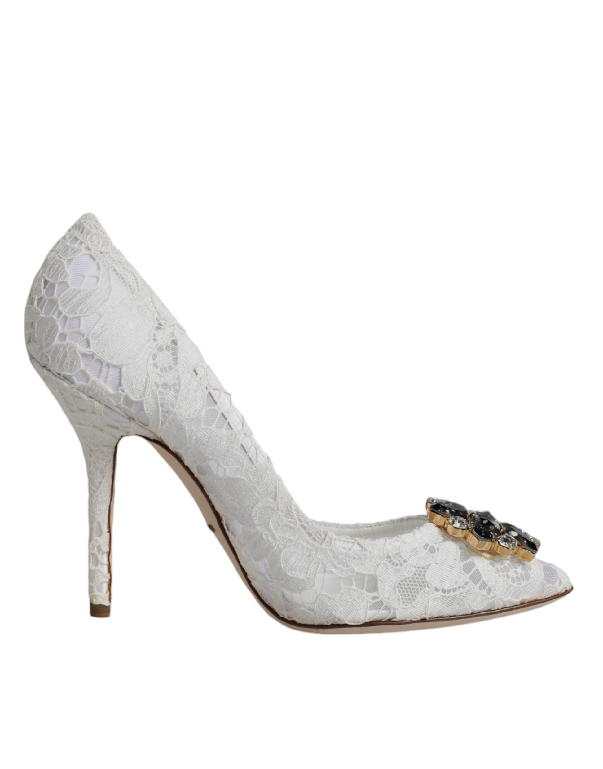 Dolce & Gabbana White Taormina Lace Crystal Heel Pumps Shoes - EU38/US8