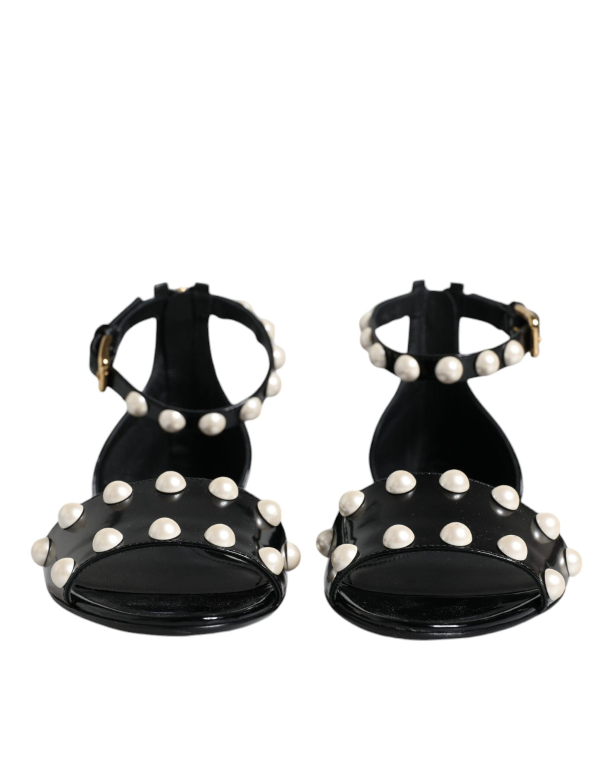 Dolce & Gabbana Black Leather Pearls Ankle Strap Sandals Shoes - EU38/US8