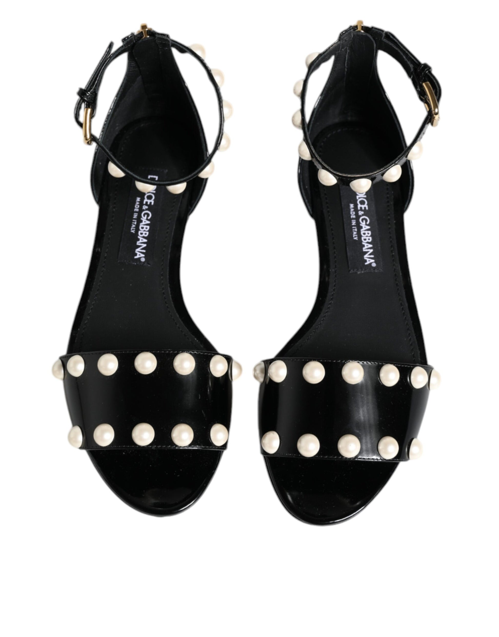 Dolce & Gabbana Black Leather Pearls Ankle Strap Sandals Shoes - EU38/US8