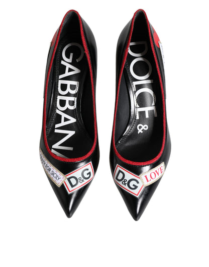 Dolce & Gabbana Black Leather Logo Print Heels Pumps Shoes - EU35.5/US5.5