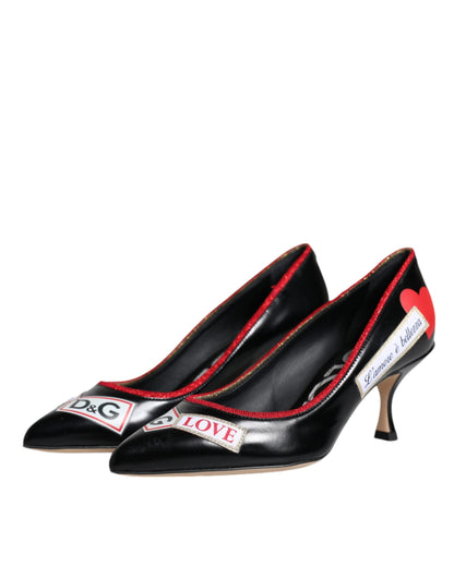 Dolce & Gabbana Black Leather Logo Print Heels Pumps Shoes - EU35.5/US5.5