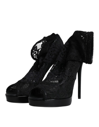 Dolce & Gabbana Black Stretch Taormina Lace Boots Shoes - EU39/US9