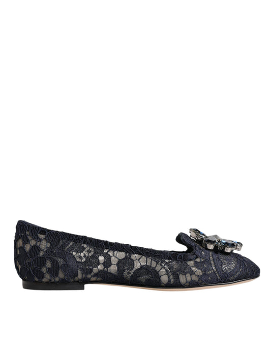 Dolce & Gabbana Blue Taormina Lace Crystals Flats Shoes - EU34/US4