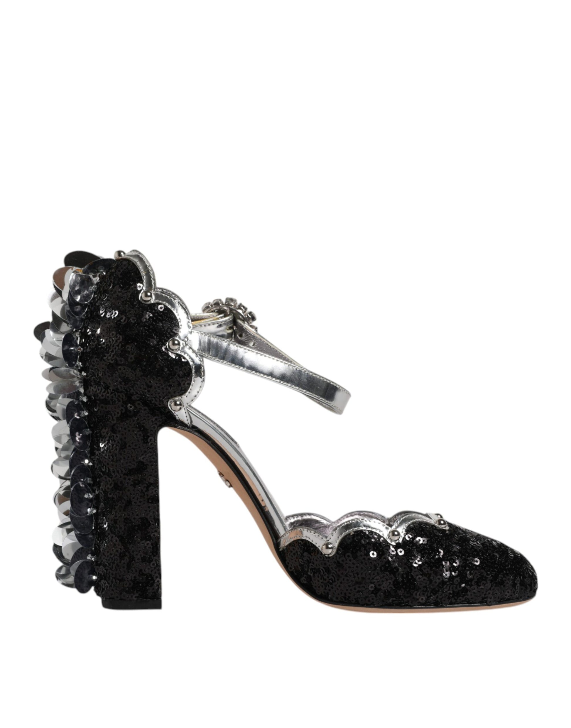 Dolce & Gabbana Black Silver Sequin Ankle Strap Sandals Shoes - EU38/US8