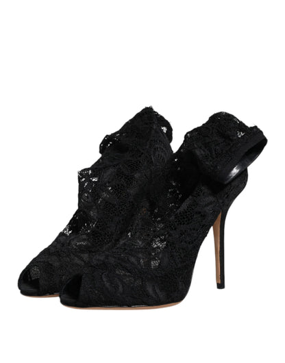 Dolce & Gabbana Black Lace Stretch Heels Mid Calf Boots Shoes