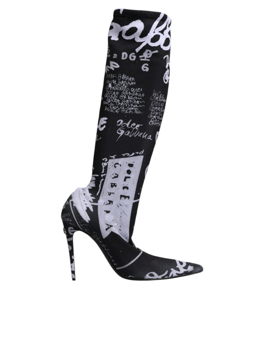 Dolce & Gabbana Black Logo Stretch Heels High Boots Shoes