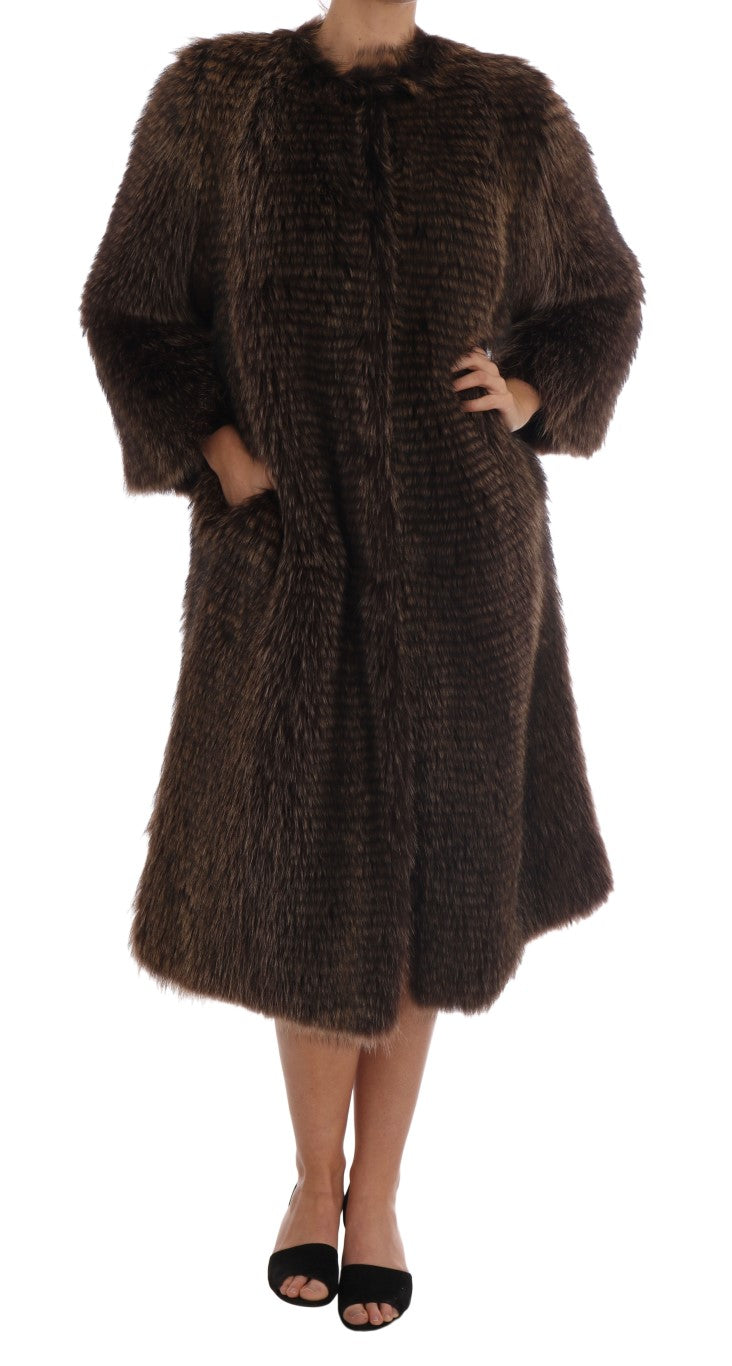 Dolce & Gabbana Elegant Brown Raccoon Fur Knee-Length Coat