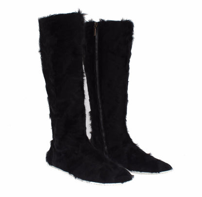 Dolce & Gabbana Elegant Black Fur Leather Flat Sneaker Boots - EU36/US5.5