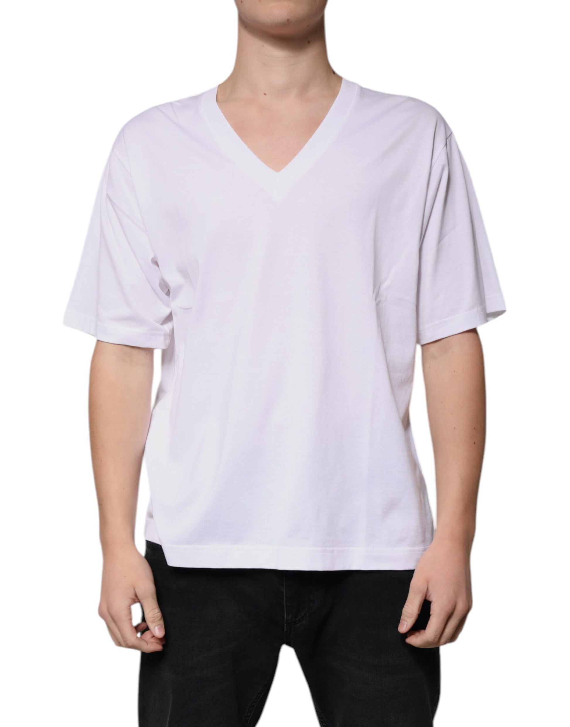 Dolce & Gabbana White Cotton V-neck Short Sleeves T-shirt - IT50 | L