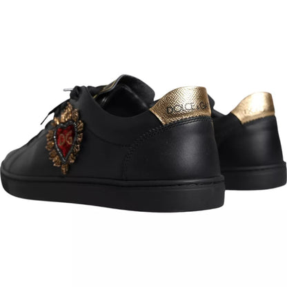 Dolce & Gabbana Black Leather Heart Low Top Sneaker Shoes - EU42.5/US9.5